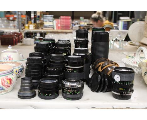 A LARGE AMOUNT OF CAMERA LENSES TO INCLUDE SIRIUS, MIRANDA, BELL AND HOWELL ETC