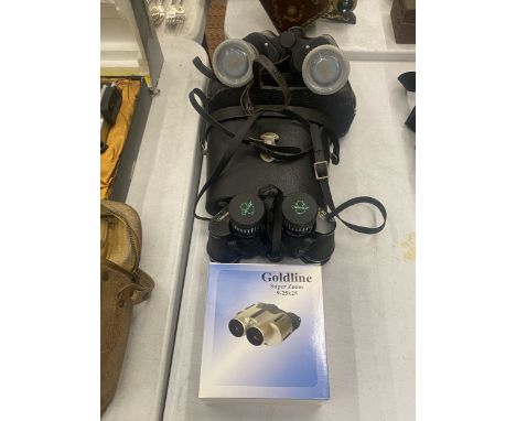 THREE PAIRS OF BINOCULARS TO INCLUDE YASHICA, GREENCAT AND GOLDLINE SUPERZOOM, ALL CASED ONE BOXED