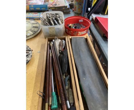 A BOX OF CARPENTER SUPPLIES TO INCLUDE FILES, A BOX OF SCISSORS, SWISS ARMY KNIFES, FISHING ROD ATTATCHMENTS ETC