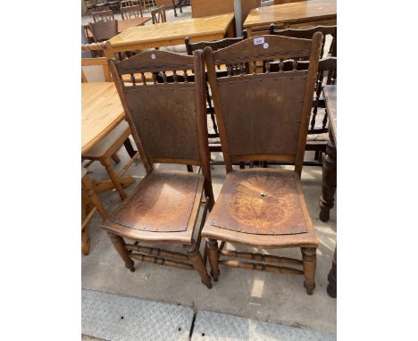 A PAIR OF EDWARDIAN PARLOUR CHAIRS WITH POKER WORK SEATS AND BACKS