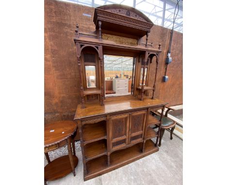 A LATE VICTORIAN CHIFFONIER WITH MIRRORED BACK AND OPEN SHELVES TO UPPER PORTION, CUPBOARDS AND OPEN SHLEVES TO BASE, 54" WID