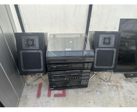 A SONY STEREO SYSTEM COMPRISING OF RECORD DECK, CASSETTE DECK, CD PLAYER AND TUNER AND COMPLETE WITH A PAIR OF SONY SS-A750 S