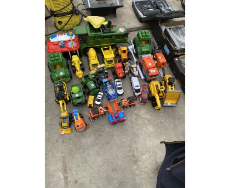 AN ASSORTMENT OF CHILDRENS TOYS TO INCLUDE A STHIL CHAINSAW, VEHICLES AND FARM TOYS ETC