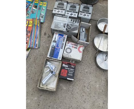 AN ASSORTMENT OF BOXED ITEMS TO INCLUDE BLACK AND DECKER BATTERY CHARGERS, A CORDLESS SCREWDRIVER AND A COMPRESSOR FITTING ET