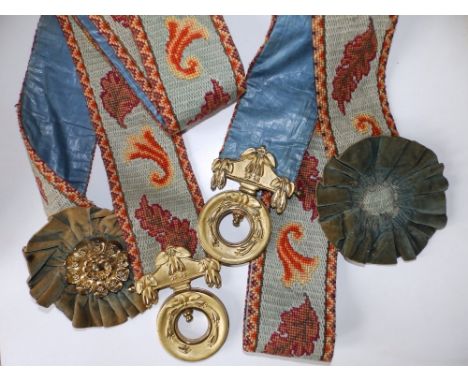 A pair of embroidered tapestry bell pulls, total length approximately 70" - one gilt metal rosette missing.