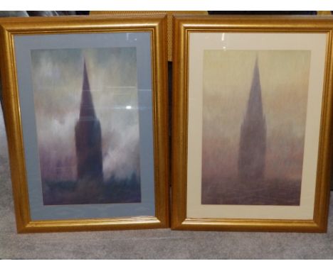 Fred Fieber - a pair of pastel &amp; mixed media drawings - Studies of the spire of Salisbury Cathedral under differing light