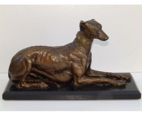  Christophe Fratin - a bronze study of a recumbent greyhound on a rectangular black marble base, signed to collar,  14.5" acr