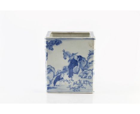 A Chinese blue and white porcelain square bodied vase/brush pot mid 19th Century the sides painted with four Daoist Immortals