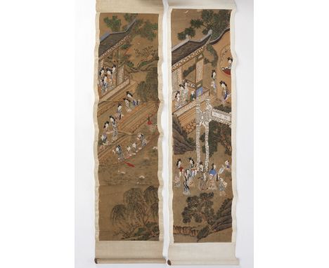 A Chinese Scroll late 19th century depicting ladies and children in a palace scene and another scroll, depicting ladies and c
