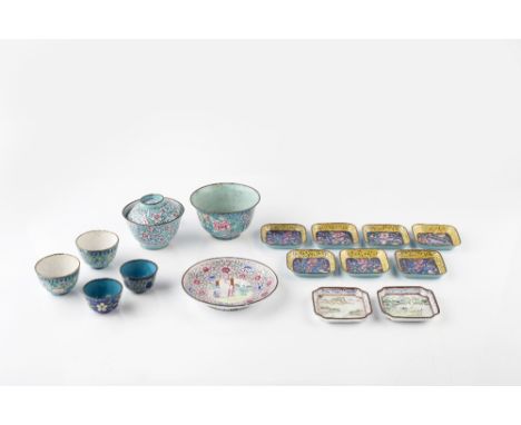 A Chinese blue enamel bowl 10cm, a Chinese enamel saucer dish decorated with figures on a terrace, an enamel bowl and cover, 