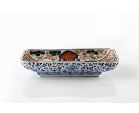A Japanese Arita rectangular dish 19th Century with blue central panel and polychrome panel borders, 21cm