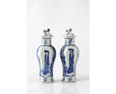 A pair of Chinese hexagonal baluster vases 19th Century decorated with Long Eliza, Kangxi mark, 21cm
