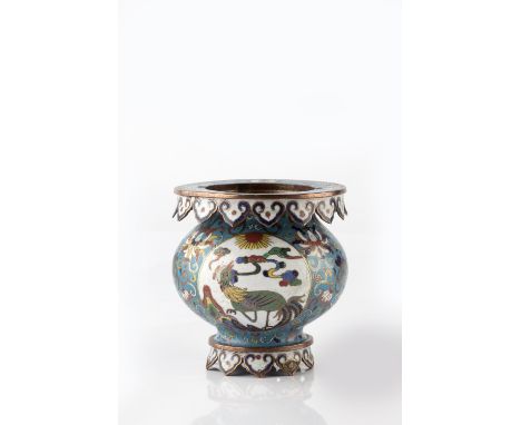 A Chinese cloisonne enamel basket form vase 19th Century the globular body with medallions of phoenix on a white ground set a