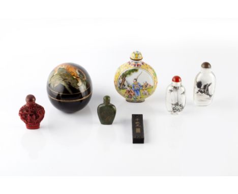 Four Chinese snuff bottles 20th Century one decorated with a horse in the manner of Qi Baishi, an enamel snuff bottle, an ink