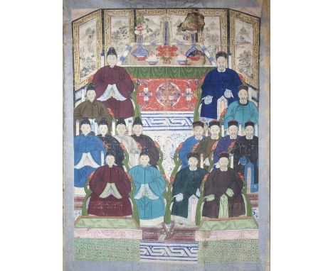 A Chinese silk family portrait  late 19th Century depicting 16 members in a household with vessels behind them, 215cm high
