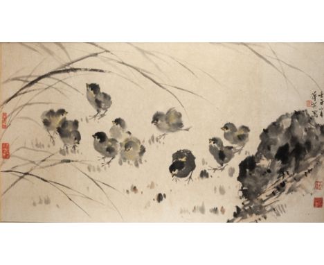 Chang Chien-Ying (1913-2003) Chicks, ink wash with red seal signature, 88cm x 46cm and a smaller Chinese watercolour of  a ki