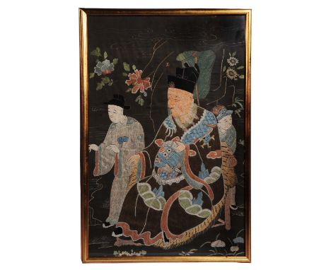 A set of four Chinese embroidered silk panels 19th Century making up one scene, scholars and other figures amidst stylised cl