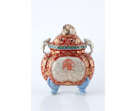 A Japanese Kutani two handle incense burner and cover late Meiji period signed to inside lid, decorated with two panels of dr