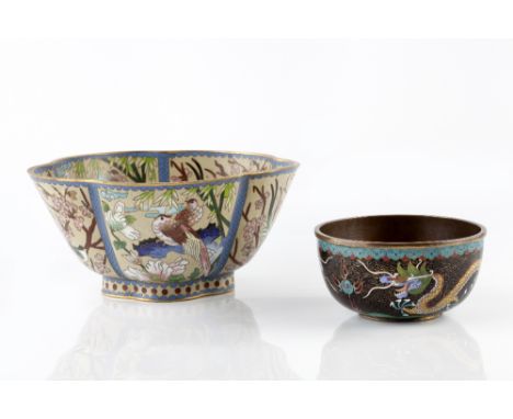 A Chinese cloisonne enamel five lobed bowl 20th Century decorated on the exterior and interior with panels of exotic birds an