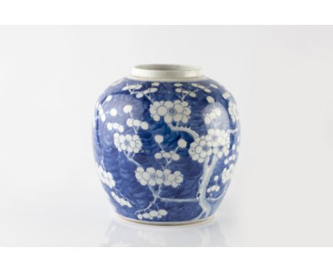 A Chinese blue and white porcelain ginger jar 19th Century decorated with prunus blossom, Kangxi mark, 20cm