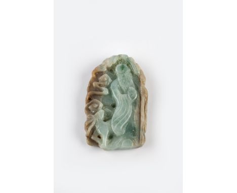 A Chinese green and grey jade pendant 19th Century carved as a figure of Shou Lao and a deer within a framework of scrolling 