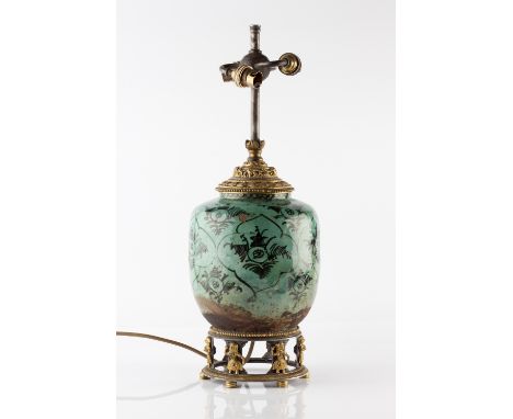 A Persian turquoise vase 19th Century with gilt metal mounts, 33cm high (now a table lamp)