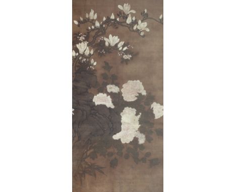 A Chinese scroll fragment Qianlong (1711 - 1799) depicting peonies in a rocky landscape, image size 110 cm high x 59 cm acros
