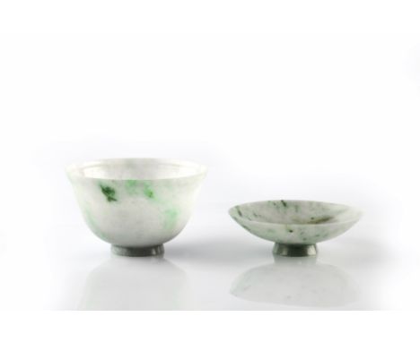 A Chinese jade pale green and emerald green spotted bowl and cover 19th Century