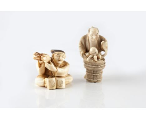 A Japanese ivory netsuke of a standing man late Meiji handling an octopus laid upon a wood bucket and bowl, signed Gyokko on 