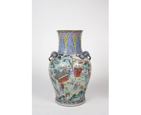 A Chinese Canton Porcelain Vase 19th Century of baluster form, decorated in famille rose enamels with a village scene within 