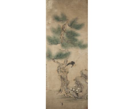 A Chinese framed scroll 19th Century Guanyin beneath a pine tree with inscription and red seal signature, 93cm x 33cm