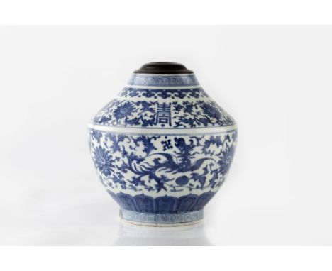 A Chinese blue and white baluster vase 19th Century decorated longevity and Daoist symbolism of Shou, bats, peaches, phoenix,