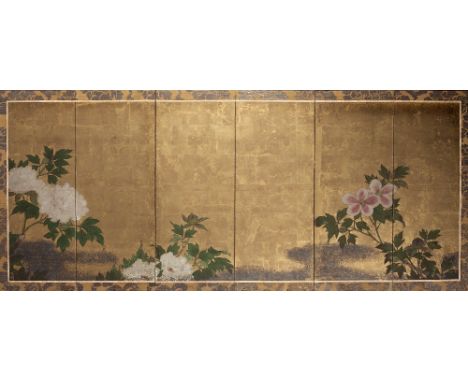 A Japanese table screen mounted as a wall panel 19th Century painted with magnolia and other flowers, 60cm x 155cm
