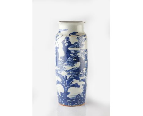 A Chinese blue and white rouleau vase 19th Century decorated with seven legendary male and female figures in aggressive stanc