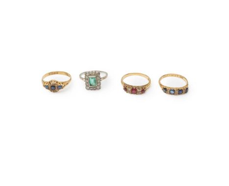 to include a ruby and diamond set ring, stamped 18ct; a sapphire and diamond set ring, stamped 18ct; an 18ct gold sapphire an