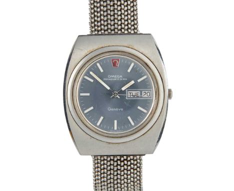to include an Omega Geneve Megaquartz 32 KHz wrist watch, stainless steel case, quartz movement, round blue dial with logo at