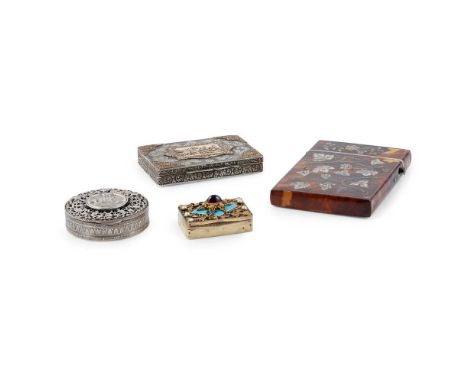 to include a small Swedish gilt patch box, with import marks, the hinged cover with central oval cabochon, enamel and seed pe