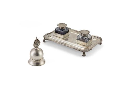 Mappin and Webb, London 1918, of shaped rectangular form, cast foliate corners to the border, two lidded cut glass inkwells t