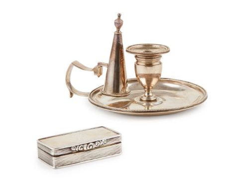 Richard Cooke, London 1800, of circular conventional form, beaded borders, with matching snuffer; together with a snuff box, 