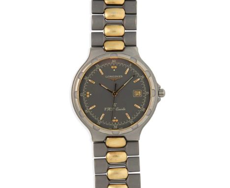 Conquest Titanium model, titanium and gold plated case, round grey dial with applied gold-coloured baton hour markers, date a