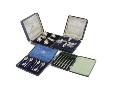 to include a cased eight and six-piece condiment sets, 1940s; a bag of miscellaneous condiments including a set of boat-shape