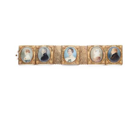 composed of five panels with bi-coloured foliate detail, each with an oval glazed panel showing a handpainted portrait miniat