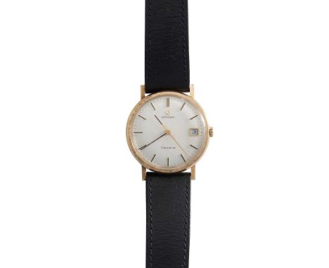 9ct gold case, manual wind movement, 1970s, textured dial with applied gold baton hour makers, date aperture at 3, gold penci