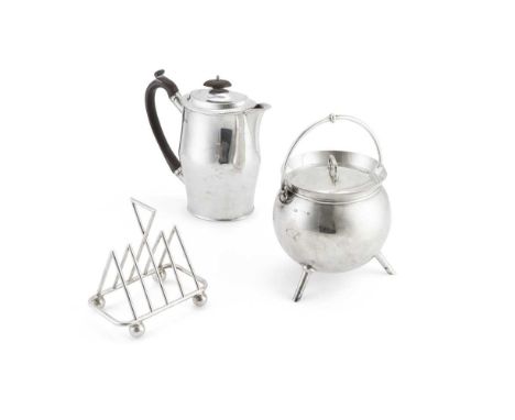 Elkington and Co., Birmingham 1931, modelled as a cauldron, with swing-handle, raised on three legs with pull-off lid; togeth