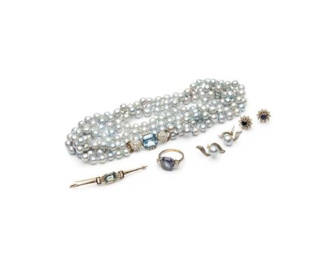 to include a two-strand cultured pearl necklace, to a diamond cluster and step-cut blue spinel clasp, unmarked; an aquamarine