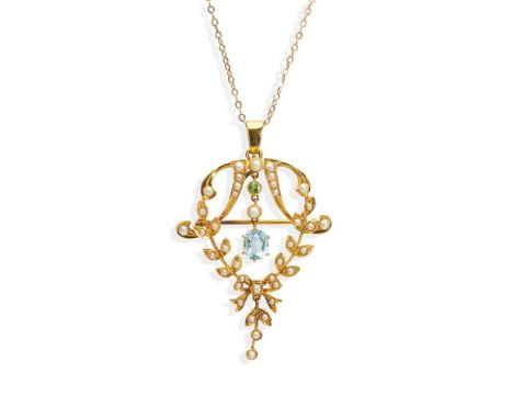 of open foliate design set throughout with seed pearls, the central drop set with a round-cut peridot, a seed pearl and a cus
