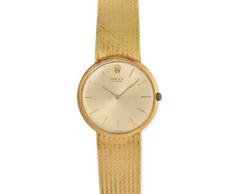 18ct gold case, manual wind movement, 1970s, gold dial signed Rolex Geneve, applied baton hour markers and coronet at 12, bra