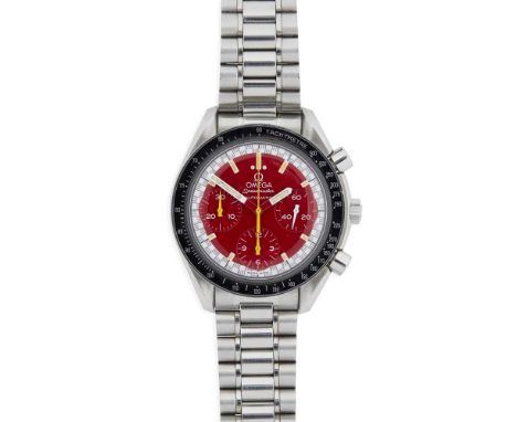 Speedmaster Professional Automatic Schumacher edition model 38106141, 1998 from warranty card, round red dial with orange bat