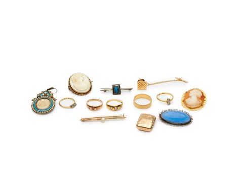 to include an 18ct gold wedding band, a 15ct gold ruby and diamond ring; an 18ct gold three-stone diamond ring, two cameo bro