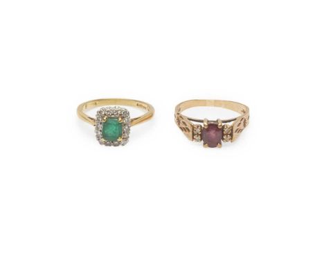 claw set with an emerald-cut emerald, in a border of round brilliant-cut diamonds, to a plain 18ct gold shank; together with 